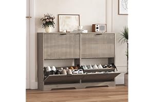 HUANLEGO Shoe Cabinet Storage for Entryway with 4 Flip Drawers, Grey Fluted Shoe Cabinet with Adjustable Shelves, Wooden Hidden Shoes Rack Freestanding Narrow Slim Shoes Storage for Hallway, Entrance