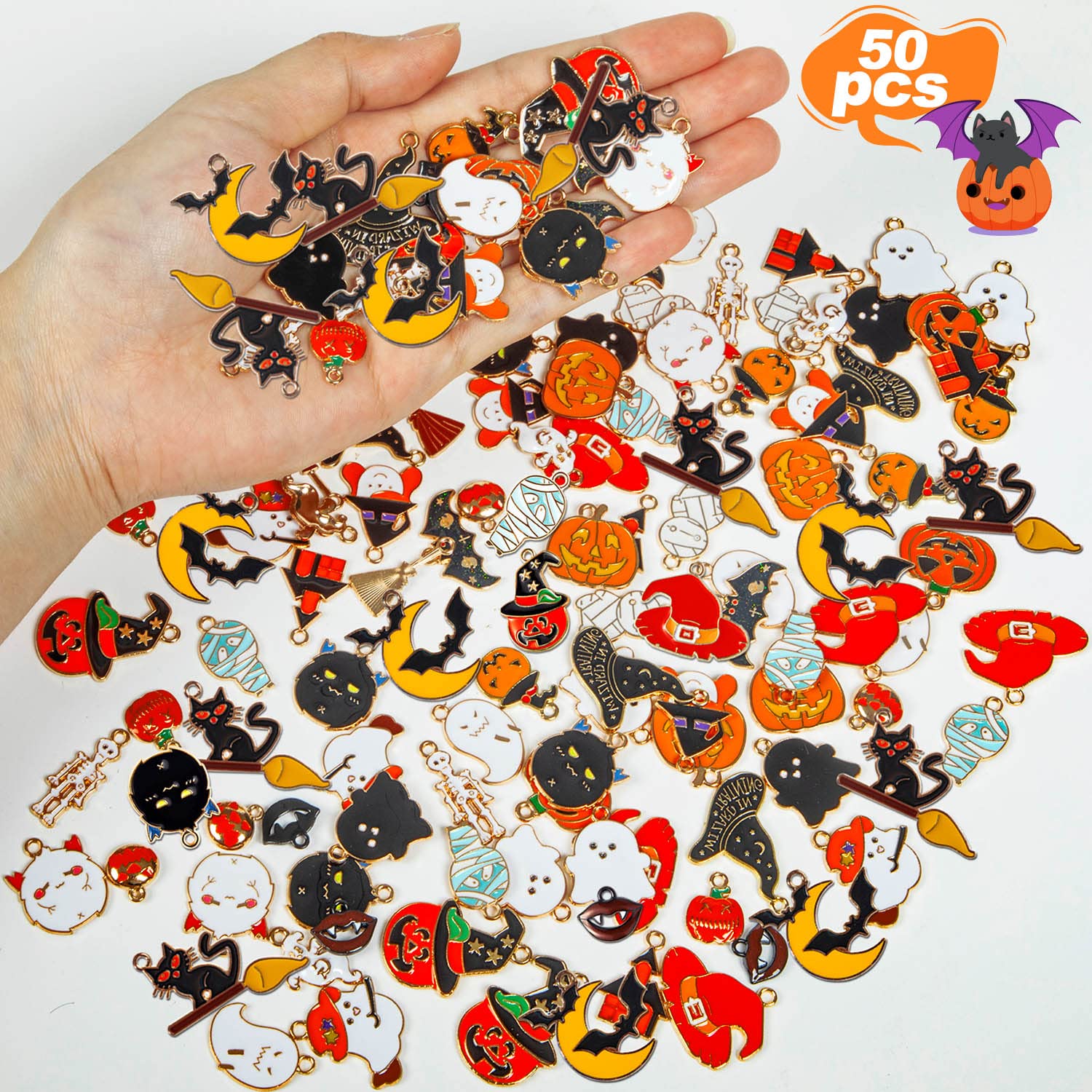 Halloween Charms, Halloween Alloy Charm Enamel, Pumpkin, Witch hat, Ghost, Spider, Bat Pendants, Assorted Pendant Charms for Bracelet, Earring, Jewelry Making