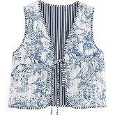 Yimoon Women's Cropped Quilted Vest Floral Printed Puffer Vest Lightweight Sleeveless Tie Front Padded Gilet Outwear