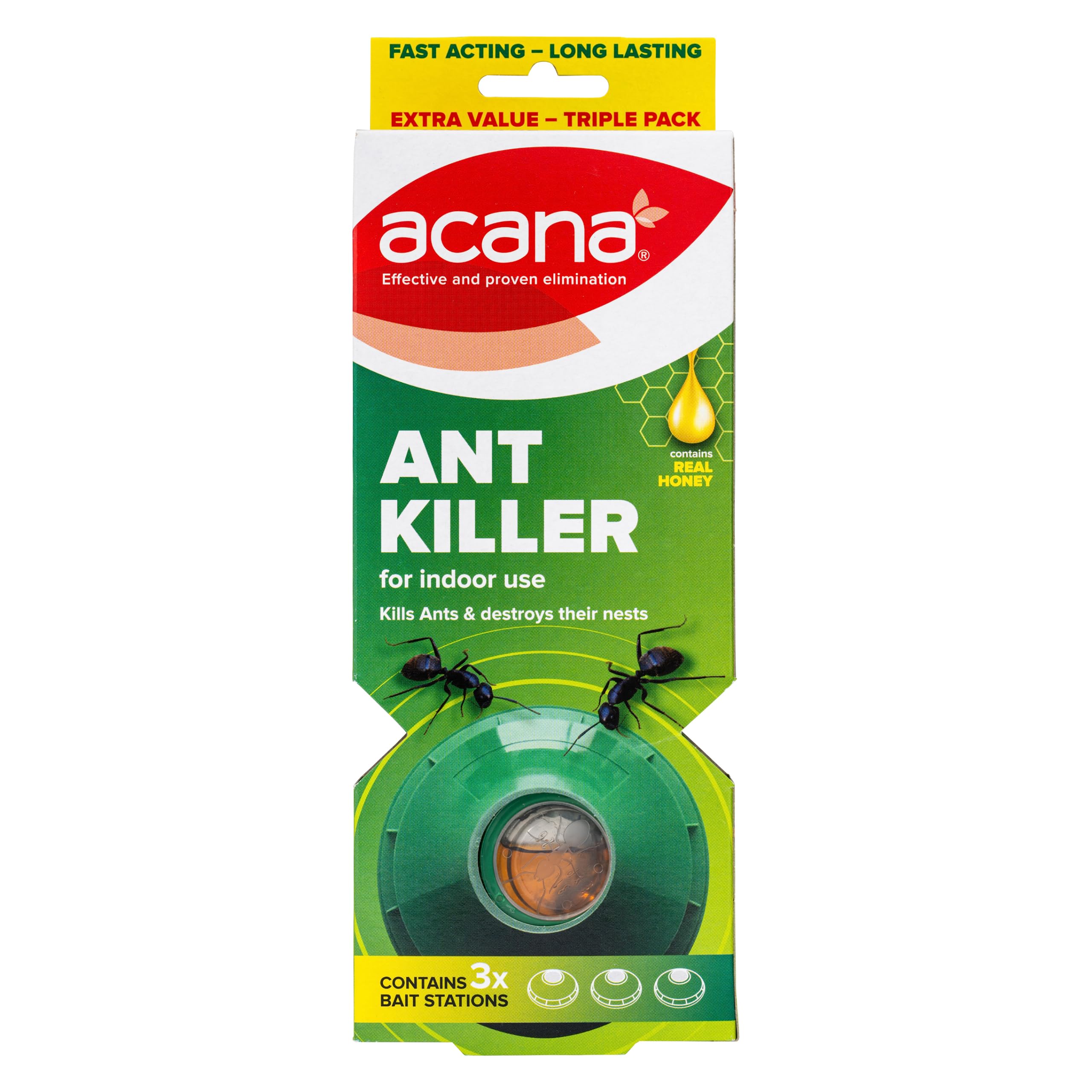 Acana Ant Killer Pack of 3 - Powerful Indoor Solution, Nests Destroyer, 3 Bait Stations containing Real Honey, Effective Pest Control Solution for Home
