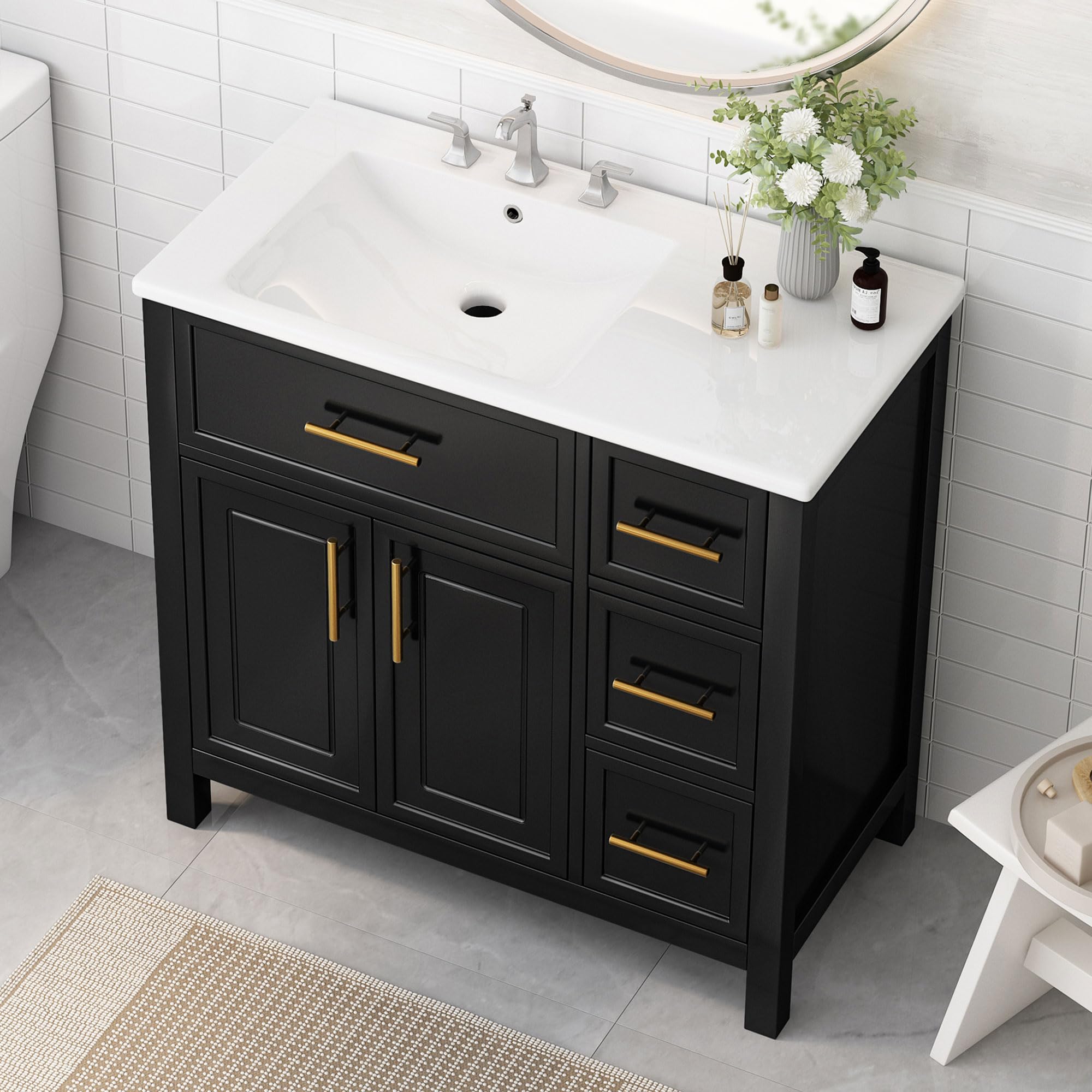 Photo 1 of Favfurish 36" Bathroom Vanity with Sink Top and 2 Doors,Water-Resistant Wood Cabinet Vanities w/ 3 Drawers & Chrome-Finish Overflow,Pre-driled Three Faucet Holes,Multi-Functional Storger Space,Black
