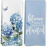 BitKAM Motivational Hydrangea Floral Kitchen Towels Set of 2, Rustic Hydrangea Flower Dish Tea Towels for Kitchen, Cottagecore Butterfly Blue Flower Hand Towels for Bathroom, 16x24 Inch