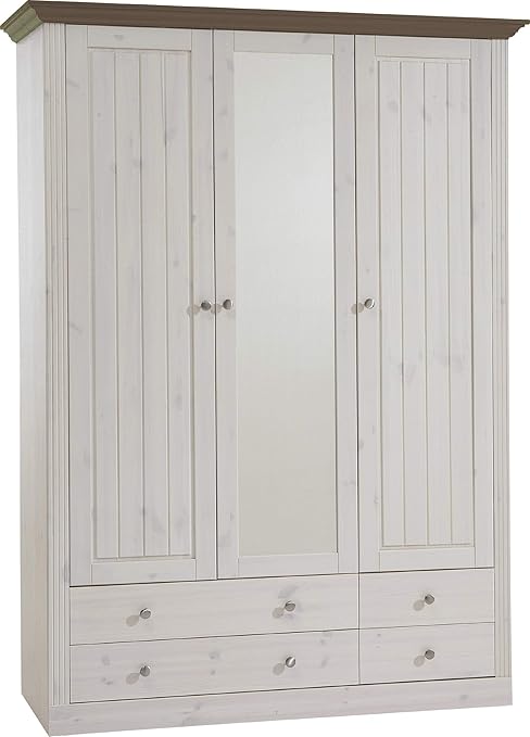 Steens Monaco Kleiderschrank, 3 Türen und 3 Schubladen, 145 x 201 x 60 cm (B/H/T), Kiefer massiv, weiß/grau