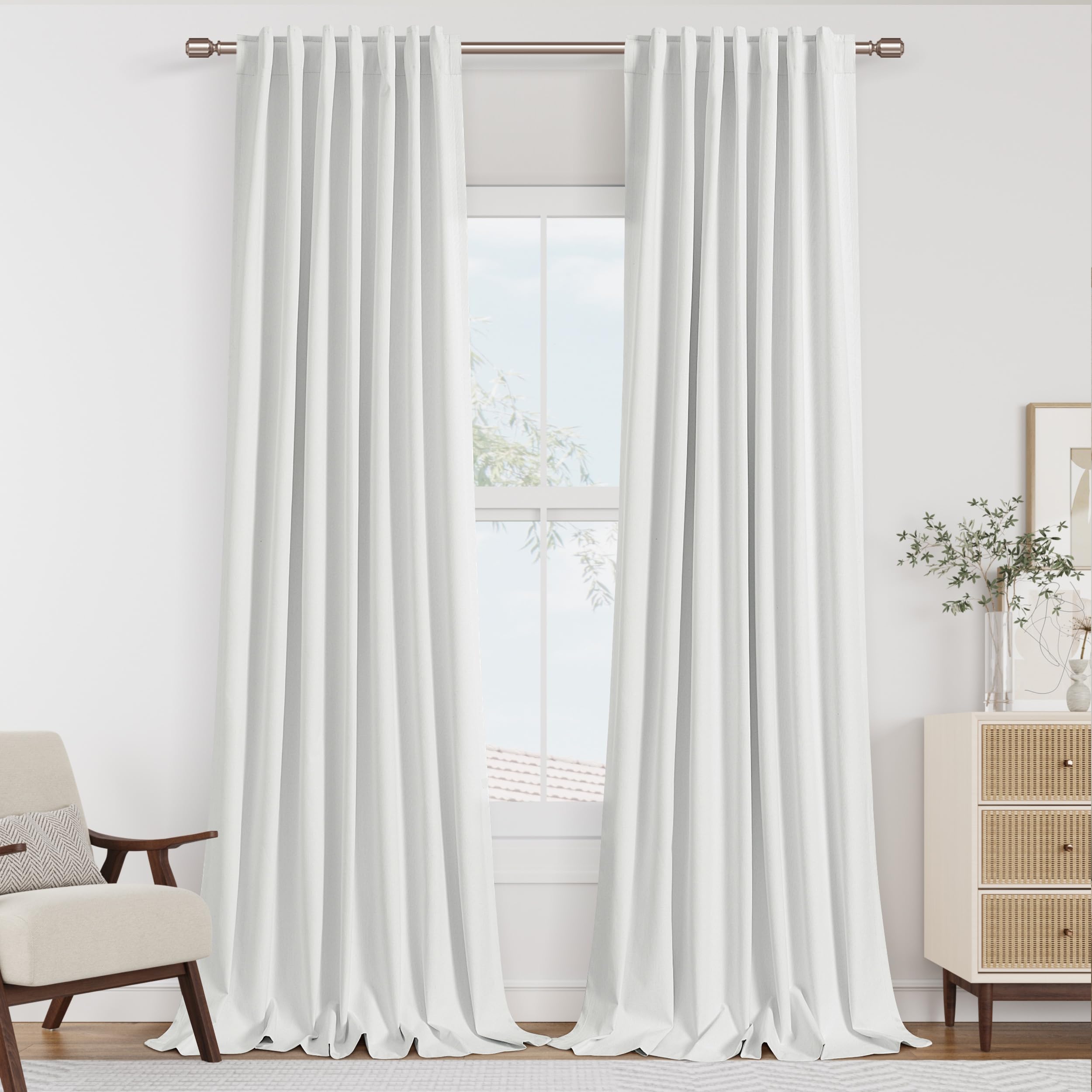 Photo 1 of ****USED**** Guken White 100% Blackout Linen Curtains 96 Inch Length 2 Panels Set for Living Room Bedroom Back Tab Rod Pocket Thermal Insulated Black Out Drapes Room Darkening Farmhouse Window Curtains 52x96