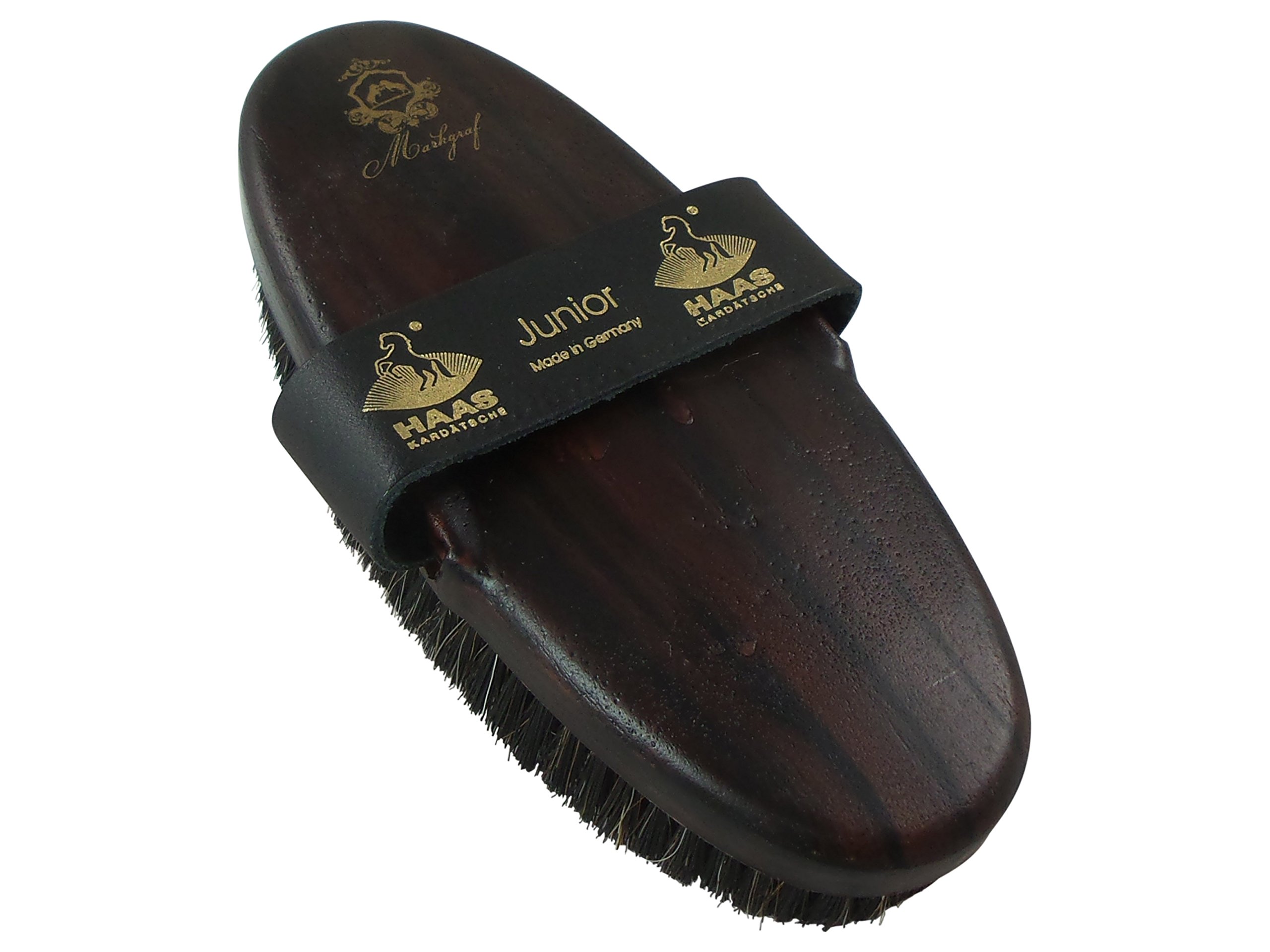 Body Brush for Horses -Junior- with horsehair and leather handstrip of Haas for Markgraf