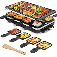 KoveYzao Raclette Grill for 8 People, 1300W Electric with 1 Reversible Non-stick Grill Pan & 8 Mini Cheese Pans & 1 Wooden Sp