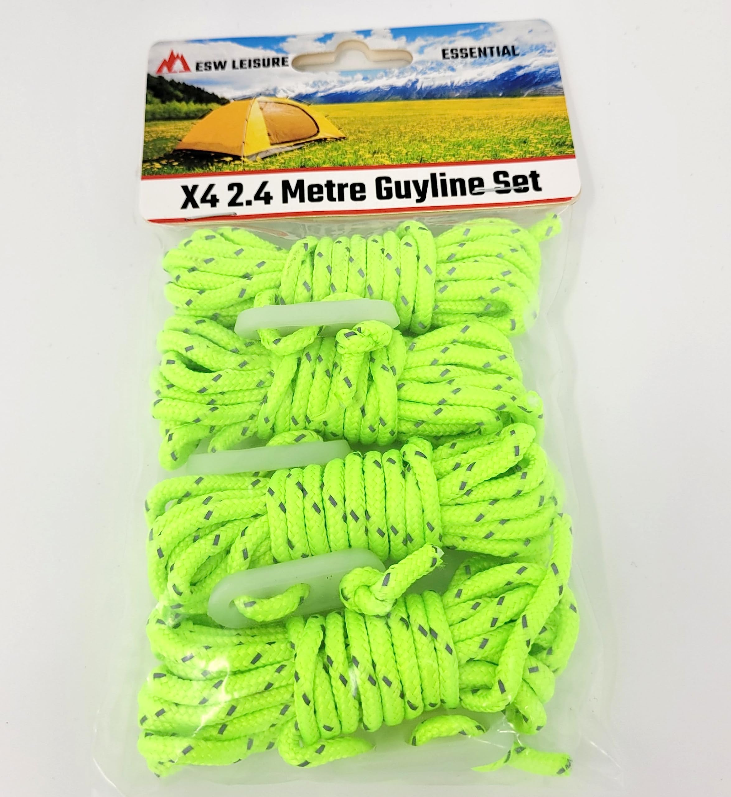 ESW LEISURE Guyline Ropes 4 Pack For Tents Awning Camping Strong Lightweight Paracord Guy Rope With Tensioner Guy Lines Fishing Caravan Gazebo (Reflective Fluorescent, 2.4 Metre 4 Pack)