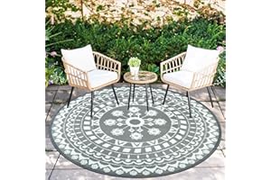 Capslpad 5' Round Outdoor Rug for Patios Clearance Reversible Mat Plastic Straw Patio Rugs Lightweight RV Camping Mat Circle Outside Area Rug Carpet for Balcony Deck Backyard Trailer Picnic BBQ,Grey