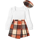 NECIOUS Girls Skirt Set Square Neck Puff Sleeve Shirt Tops Plaid Mini Skirt Shorts with Beret 3 Piece Fall Winter Outfit