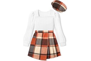 NECIOUS Girls Skirt Set Square Neck Puff Sleeve Shirt Tops Plaid Mini Skirt Shorts with Beret 3 Piece Fall Winter Outfit