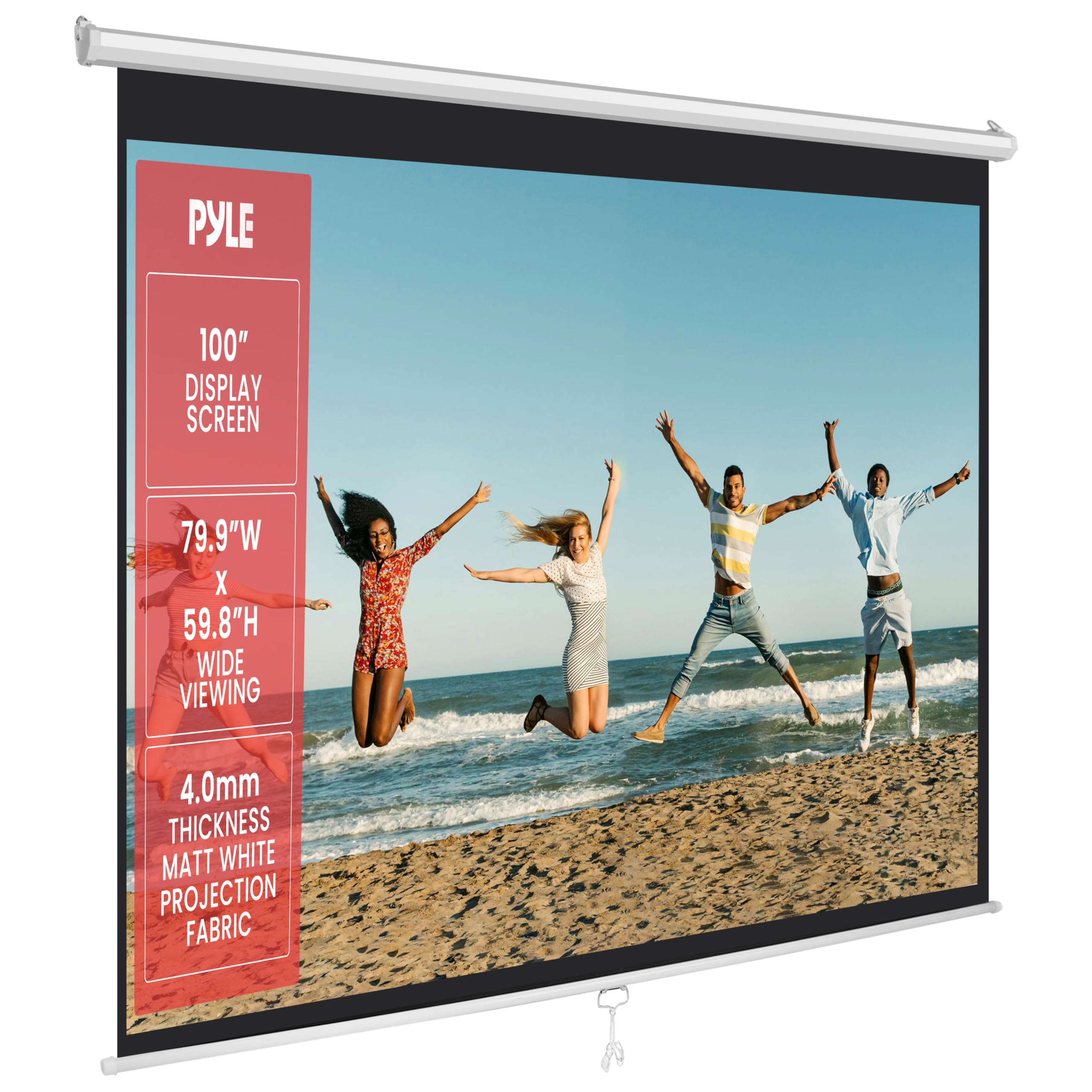 Photo 1 of **FACTORY SEALED-STRAPS STILL FULLY INTACT AS SHOWN IN PHOTOS**
Pyle Manual Pull Down Projector Screen - Universal 100-inch Roll-Down Retractable Manual Screen w/ Auto-Locking, Adjustable Screen Height, Black Masking Border -Home PRJSM1006