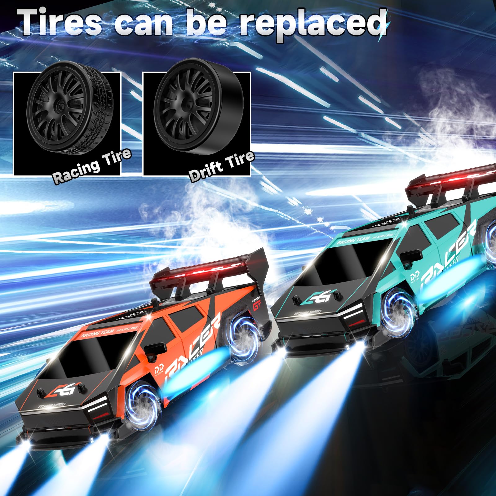 BIAOQINBO Ferngesteuertes Auto Drift, 1:24 RC Drift Car 1000 mAh, 20KM/H, 4WD, 2,4 GHz Ferngesteuert Rennauto, mit LED-Leuchten Rennspielzeug Geburtstagsgeschenke für ab 8 Jahren Kinder (Türkis) 5