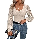Leoparts Women's Long Sleeve Shirts Lace Floral Tops Casual Knit Sweetheart Neckline Blouses Dressy Elegant Tunic Shirts