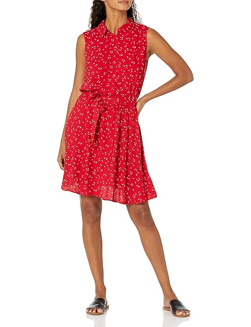 Amazon Essentials Women's Sleeveless Relaxed-Fit Woven Shirt Dress, Red Leafy Floral, XX-Large