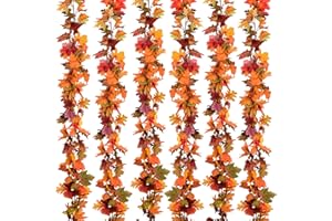 Lvydec 6 Pack Fall Maple Garland - 5.9ft/Strand Artificial Fall Foliage Garland Realistic Maple Leaves Autumn Decor for Home Wedding Halloween Thanksgiving Party