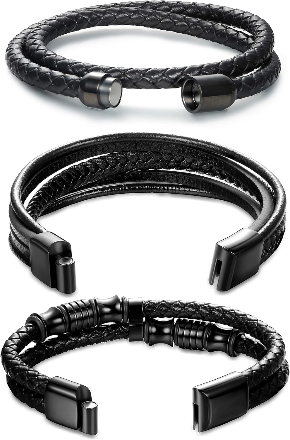 FIBO STEEL 3 PCS Braided Leather Bracelets with Magnetic Clasp for Men Women Wrap Genuine Leather Bracelet Wrist Cuff Bangle (8.5): Jewelry