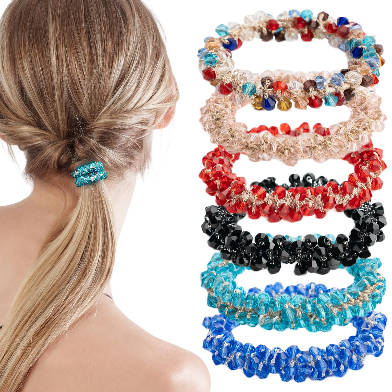 SXQLYH Pack of 6 Women's Crystal Rhinestone Scrunchies - Crystal Elastic Ponytail Holders - Hair Scrunchies for Women Girls (B)