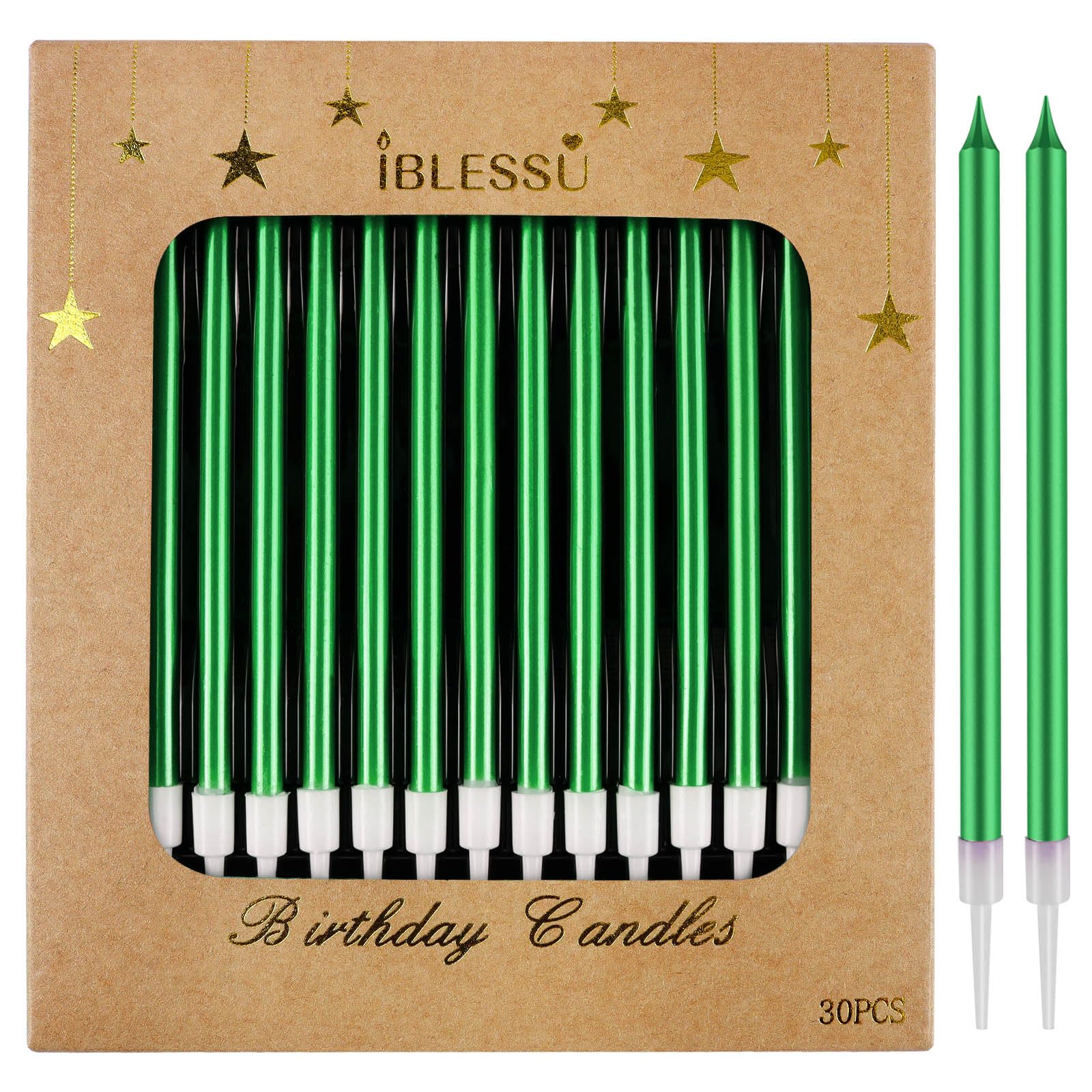 Photo 1 of 30 PCS Green Long Birthday Candles, Thin Metallic Cake Candles, Tall Glitter Cuppcake Candles in Holders for Birthday Wedding Party Decorations
