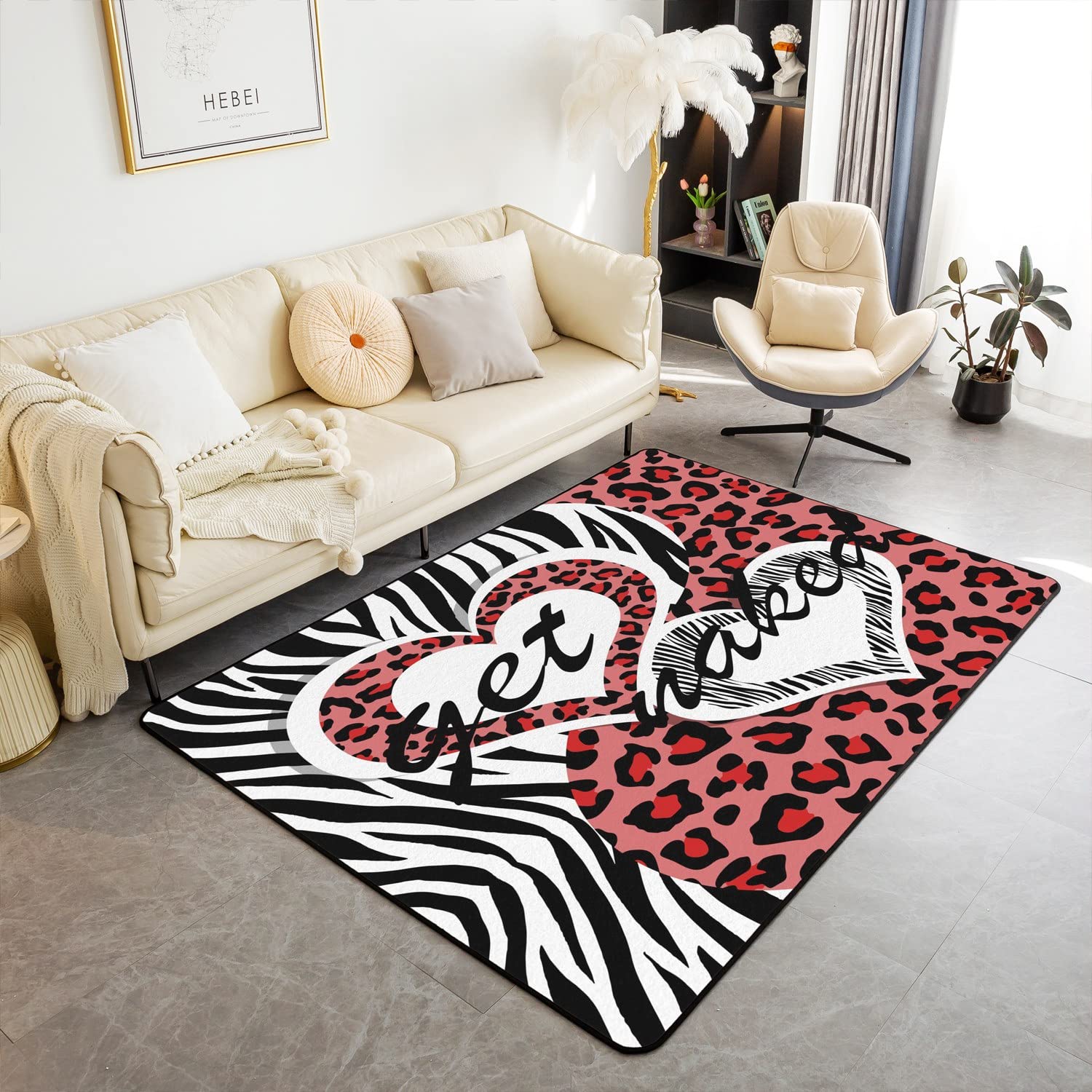 Leopard Print Area Rug 100x150cm Kids Get Nacked Cheetah Print Carpet Rug Set for Boys Girls Teens Stripes Wild Animal Living Room Rugs for Bedroom Geometric Indoor Floor Mat Red Room Accent Rug