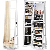 SONGMICS 6 LEDs Lockable Mirror Jewelry Cabinet, 360° Swivel Jewelry Organizer Armoire Standing, Frameless Full-Length Mirror, 3 Storage Shelves, White Surface, Black Lining UJJC007W01