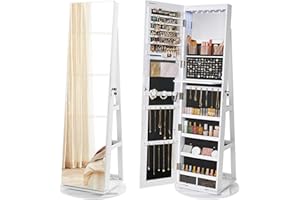 SONGMICS 6 LEDs Lockable Mirror Jewelry Cabinet, 360° Swivel Jewelry Organizer, White Surface, Black Lining UJJC007W01