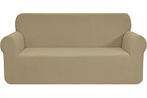 CHUN YI Stretch Loveseat Sofa Slipcover 1 Piece Couch Cover, 2 Seater Settee Coat Soft with Elastic Bottom, Checks Spandex Jacquard Fabric,Medium,Sand