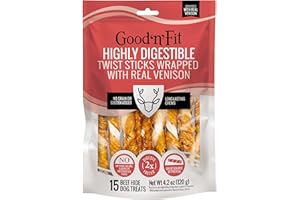 GOOD'N'FIT Good ‘n’ Fit Twist Sticks Made with Real Venison, 15 Count, Treat Your Dog to Long-Lasting and Highly Digestible Rawhide Chews