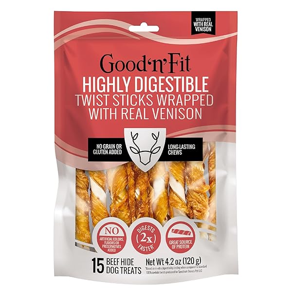 GOOD ‘N’ FIT TWIST STICKS MADE WITH REAL VENISON, 15 COUNT, TREAT YOUR DOG TO LONG-LASTING AND HIGHLY DIGESTIBLE RAWHIDE CHEWS