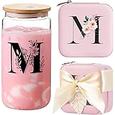 AYGXU Initial Glass Cups with Lids and Straws, Jewelry Case for Women, Jewelry Box Organizer, Coffee Cups, Travel Gifts for Women Essentials, Initial M Pink