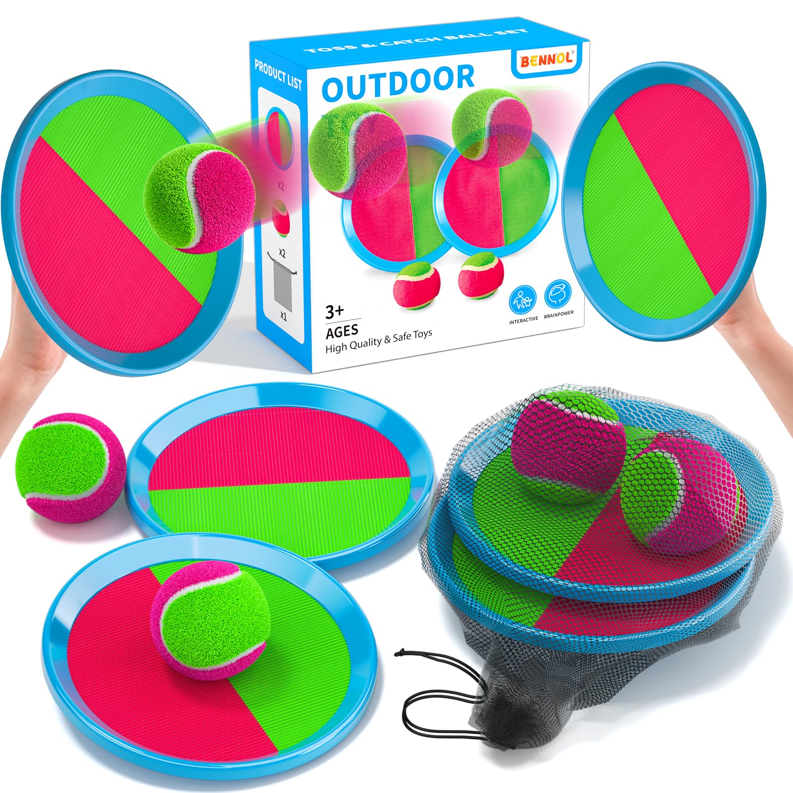 Bennol Toss and Catch Ball Game Outdoor Toys for Kids with 2 Paddle, 2 Balls and A Storage Bag, Outdoor Outside Games for Kids Ages 3 4 5 6 7 8 9 10, Yard Backyard Beach Outside Games