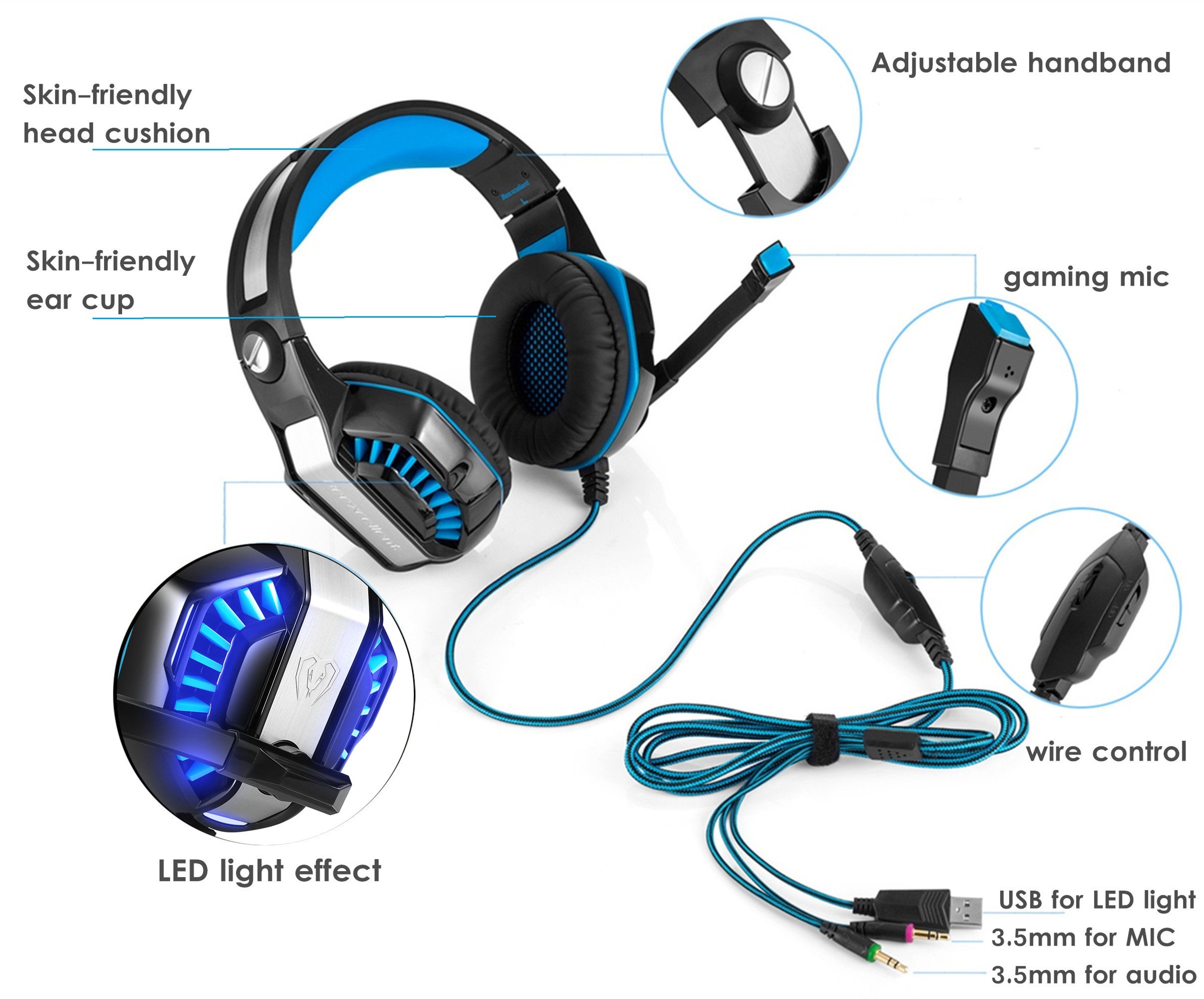 Gaming Headset Micolindun Microphone PC Headphone Gamer with Mic Bass  Stereo Volume Control LED for PC, Laptop, Tablet and Smartphone, PS4