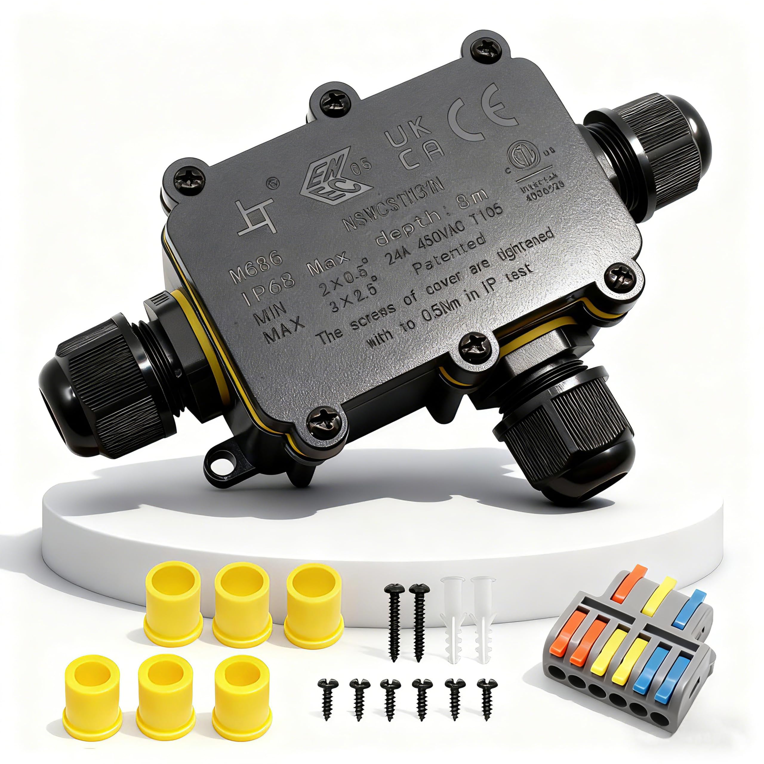 HUYU IP68 Waterproof Junction Box, 3-Way Outdoor Cable Connectors with 3 Cable M20 Gland Wire Connector Electrical Junction Box for 5-12MM Diameter Cable, 3-IN/ 6-OUT Quick Terminal, Black