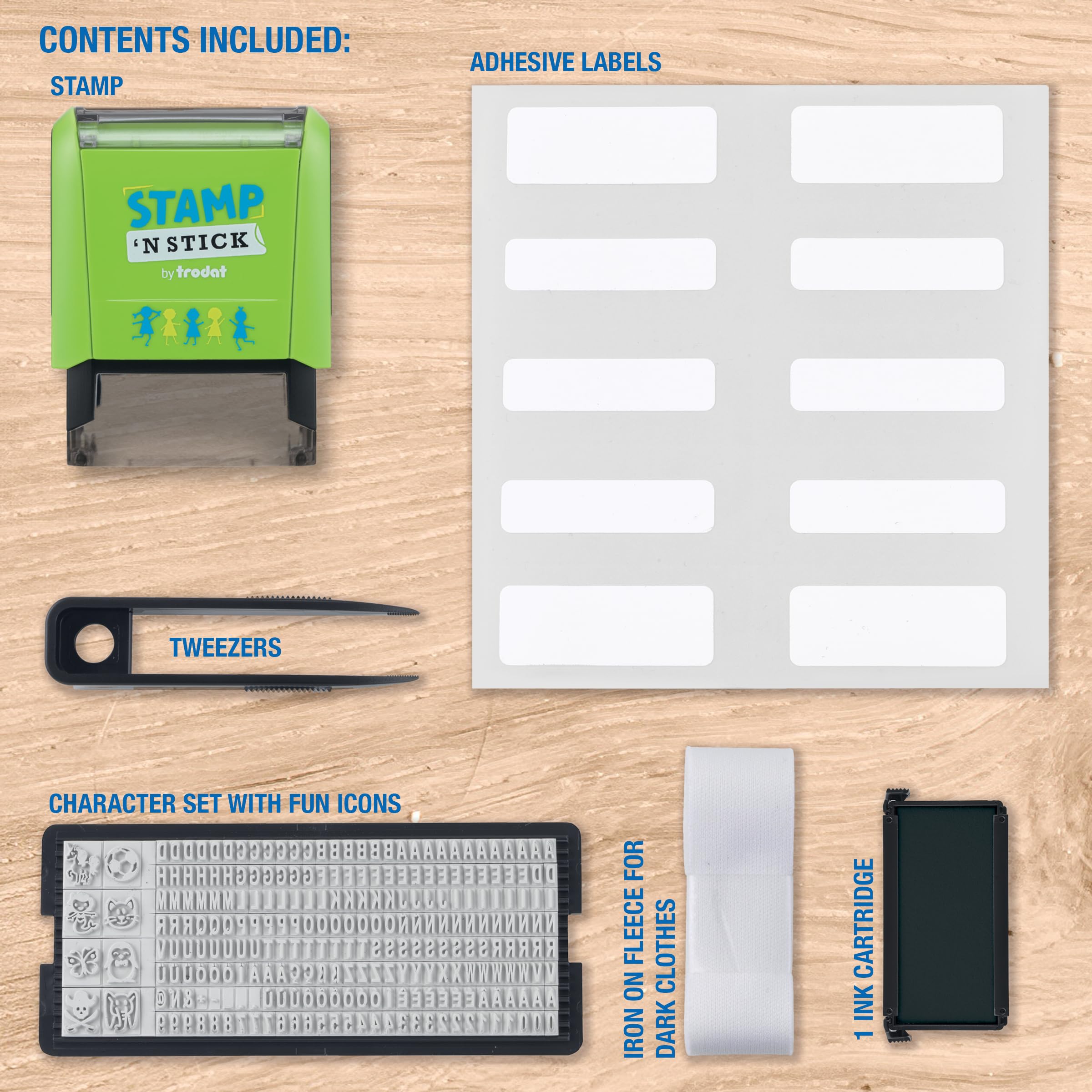 Trodat Stamp 'N Stick Clothes and Personal Belongings DIY Stamper, English Text with Special Characters – 3 Lines – Dermatologically Tested Ink, Dishwasher and Washing Machine Safe Ink