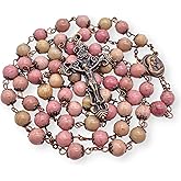 Nazareth Store Pink Rosary Aventurine Stone Beads Prayer Rosary Necklace Antique Bronze & Silver Handmade Rosaries for Men and Women