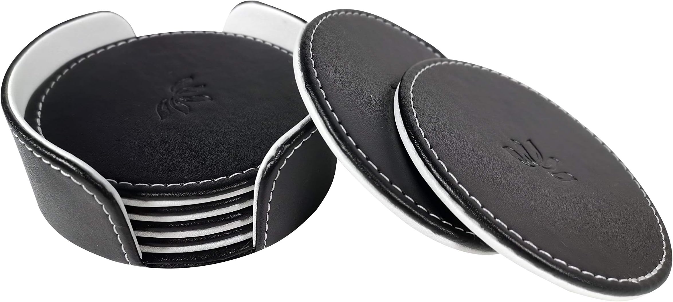 Coasters for Drinks Easy Pick up Designed Holder – Set of 6 Leather Dual Faceted Coaster Reversible Non Slip Heat Resistant for Indoor and Outdoor Kitchen Lounge with Gift Box Black and White
