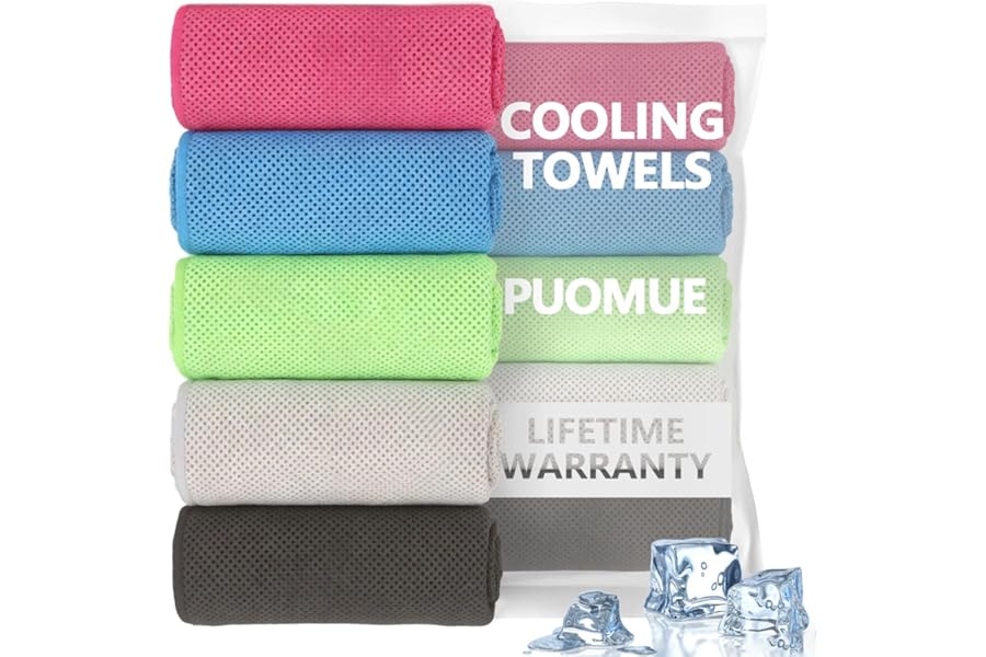 Puomue 5 Pack Cooling Towels, 40 Inches X 12 Inches, Breathable Soft Chilly Microfiber Towel for Yoga, Sport, Running, Workout, Gym, Camping and Fitness, Multicolor