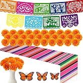 Dia De Los Muertos Decorations, Day of The Dead Altar Decorations Set, 1Pcs Papel Picado Banner, 1Pcs Mexican Table Runner, 30Pcs Marigold Flowers, 12Pcs Fake Monarch Butterfly