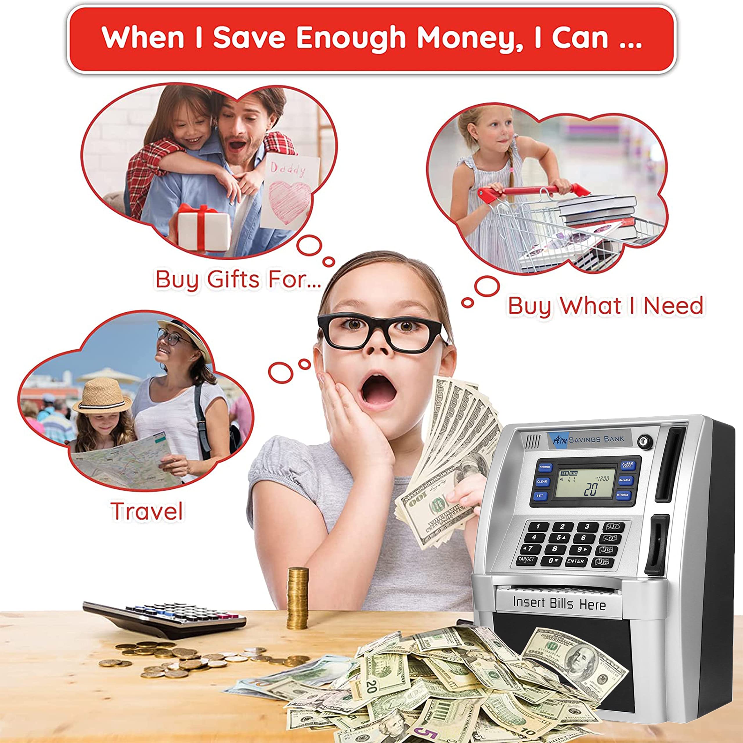 Kids Talking ATM Piggy Bank with Debit Cards, Power-Off Memory, Auto-Opening Drawer for Real Money for Boys, Onekey Shutdown, Bill Feeder, Coin Recognition, Balance Calculator Machine