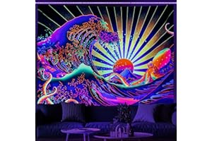 Maccyafst Blacklight UV Reactive Great Wave Tapestry - Japanese Kanagawa Sunset Vintage Ocean Wave Octopus Wall Hanging for Bedroom Backdrop