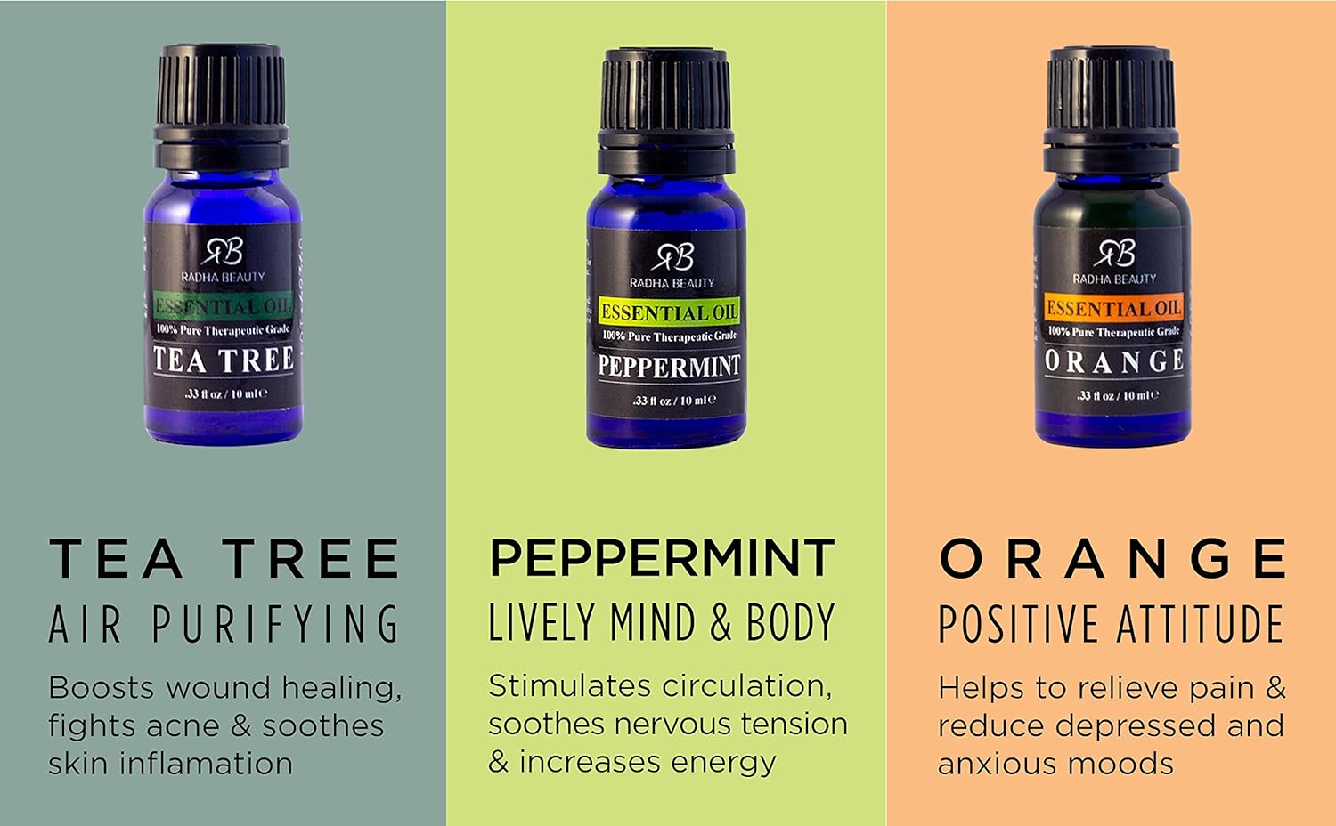 Radha Beauty Aromatherapy Top 6 Essential Oils (Lavender, Tea Tree, Eucalyptus, Lemongrass, Orange, Peppermint) - 100% Natural Basic Gift Set for Aromatherapy, Diffusers, Soap, DIY Skincare : Beauty