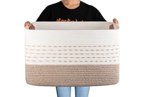 OIAHOMY Large Blanket Basket, 22”x17”x12” Rectangle Woven Baskets, Nursery Blanket Storage Living Room, Toy Storage With Handle, Large Baskets for Organizing-Gradient Light Brown