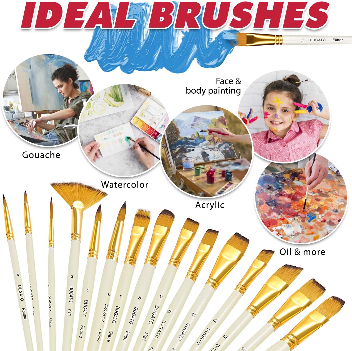 DUGATO Artist Paint Brush Set 15pcs Includes Pop-up Carrying Case with Painting Knife and 2 Sponges for Acrylic, Oil, Watercolor, Art, Scale Model, Face, Paint by Numbers