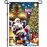BlissYard Merry Christmas Garden Flag 12x18 Inch Santa by Fireplace Tree Flag Snowy Winter Outdoor Yard Decor House Banner Porch Lawn Patio Home Decoration