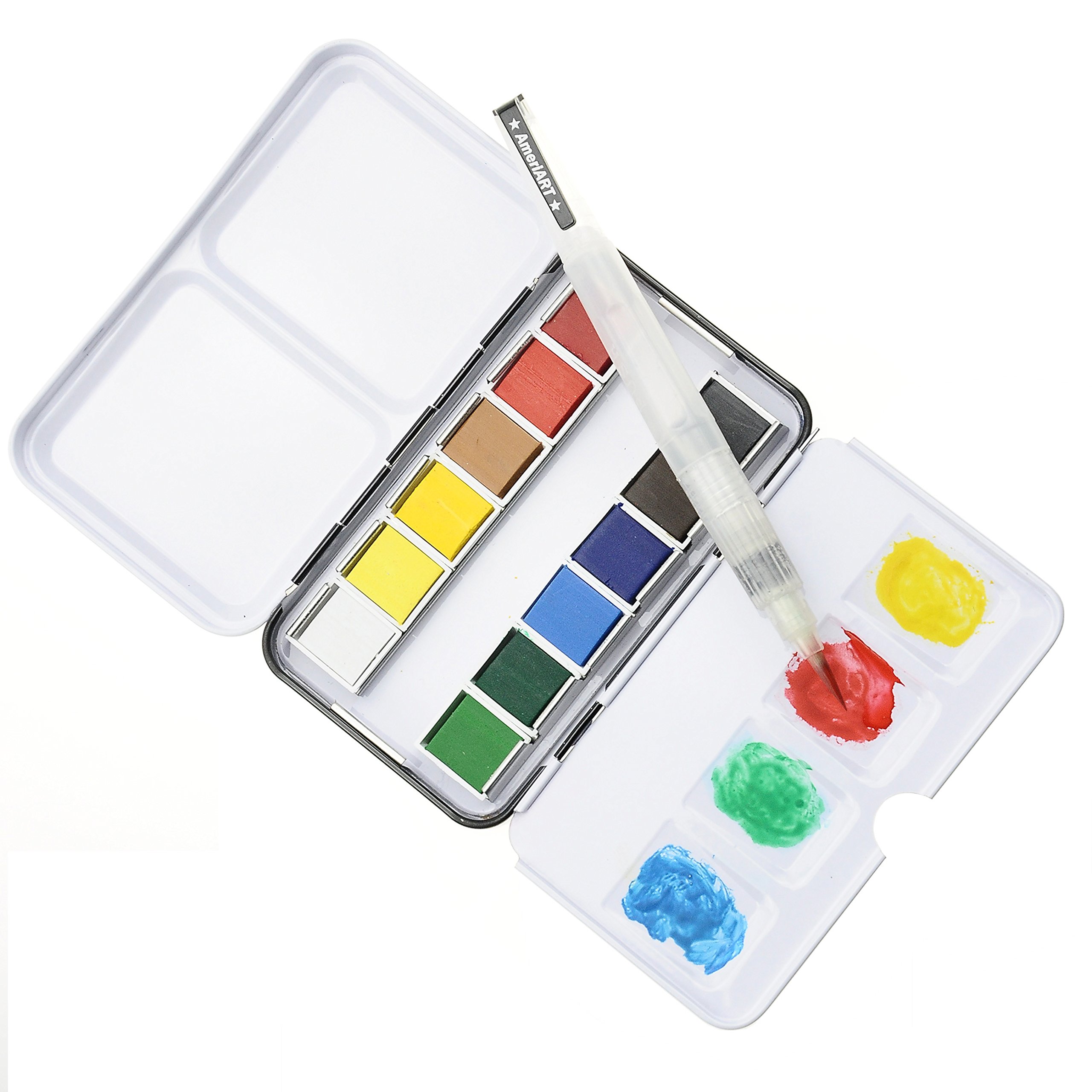 Watercolor Paint Set with 12 Half Pan Colors, Pocket Travel Box, Water