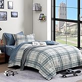 AMBERSPACE Twin XL Comforter Set, Blue Grey Plaid Bedding Set 5 Piece for Boys Girls Teen, Classic Homestead-Style Kids Comforter Set Bed in A Bag with Sheets, Pillowcase & Sham