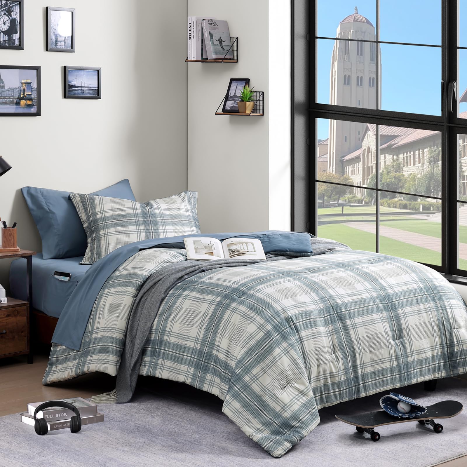Photo 1 of AMBERSPACE Twin XL Comforter Set, Blue Grey Plaid Bedding Set 5 Piece for Boys Girls Teen, Classic Homestead-Style Kids Comforter Set Bed in A Bag with Sheets, Pillowcase & Sham
