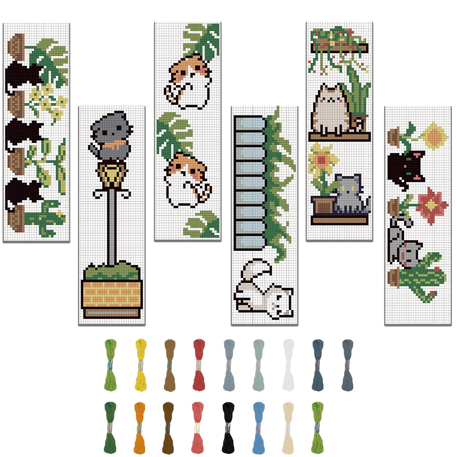 FREEBLOSS 6 Set Cross Stitch Kits with Instructions - Cartoon Cat Pattern Punch Needle Kit for Beginners - Bookmark Making Kit for Gift