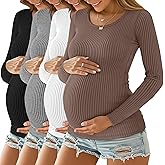 Oakgarden 4 Pack Women's Ribbed Maternity Shirts, Scoop Neck Long Sleeve Knit Pregnancy Tops Slim Basic Tee Clothes