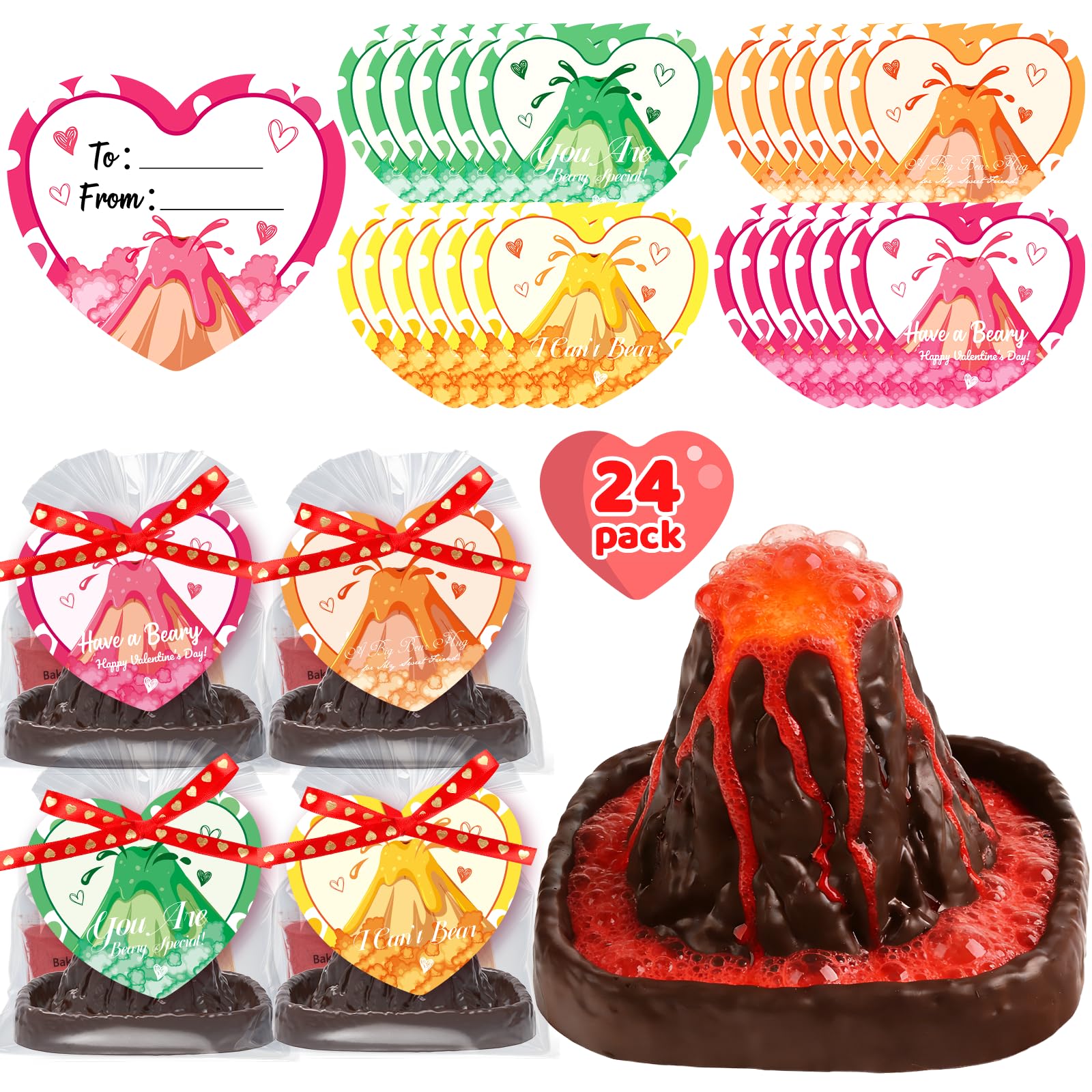 Photo 1 of Valentines Day Large Volcano Science Kit - 24 Pack Valentines Day Gift Cards for Kids, Volcano Erupting Experiment Toys STEM Educational Toys for Classroom Exchange School Activities Party Favors