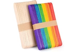 VETHWAL 100 Piece Multicolor Jumbo Wooden Craft Sticks (6" x 3/4"), Large Popsicle Sticks for Waxing, Craft Project,Tongue Depressor,DIY Classroom Crafts,Woodcraft (Wood, Rainbow)